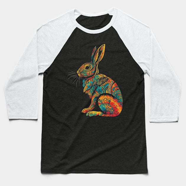 Colorful Mandala Easter Rabbit Drawing - Unique Artwork Baseball T-Shirt by TeeTrendz